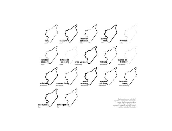 Figure 11. Small multiples on the second page in the aggregated map series. The small multiples provide a visual comparison and illustrate the complexities, similarities, and intersectional differences between individual experiences. The small multiples are paired with the aggregated map (Figure 12) to simultaneously recognize individuals and multiplicity of experiences in aggregation.