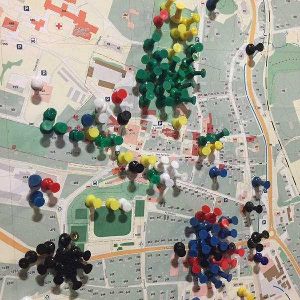 Figure 3. Example of using colourful pins for creating an emotional map in 2016.
