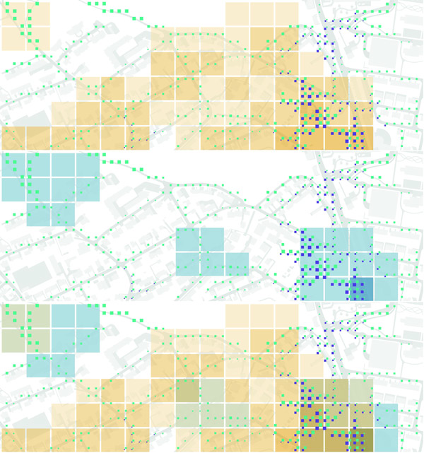 Figure 4. Gridded density overviews of the category “aesthetics,” overlaid with bivariate squares symbolizing the green space index (green) and bench index (purple), calculated for short road segments (Bleisch and Hollenstein 2017). The background features expressions with a positive valence (top), negative valence (middle), or both valences (bottom).