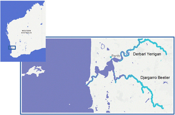 Figure 1. Location of Derbarl Yerrigan and Djarlgarro Beelier—the Swan and Canning Rivers (Author, Mapbox).