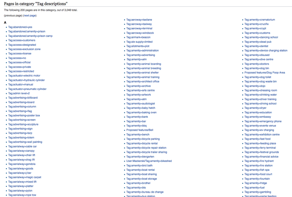 Figure 1. A sample of tag descriptions for the letter “A” from the OSM wiki, 2019.