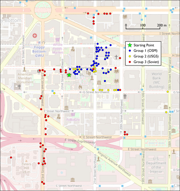 Figure 12. Map indicating the locations where images were captured. OSM is used as a base, since this is the most current of the three maps used in the study.