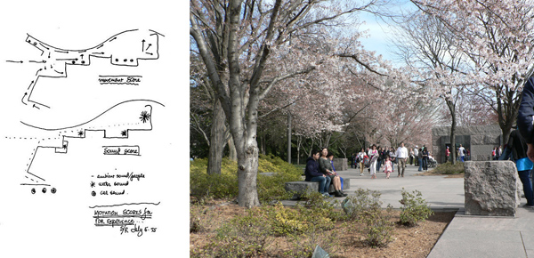 Figure 1. Left: “Motation Scores for FDR Experience,” Lawrence Halprin, July 1975. A score for the Franklin Delano Roosevelt Memorial. Credit: University of Pennsylvania Press, Philadelphia. Right: Visitors walking through the FDR Memorial. Credit: M. Christmann, 2013.