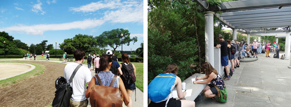 Figure 2. Left: Participants during the silent walk activity. Right: Participants creating individual maps of their experience. Credit: Julia Mia Stirnemann.