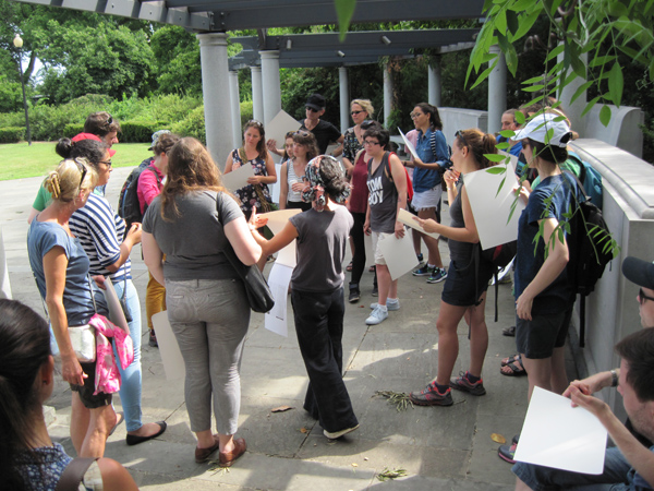 Figure 3. Collective discussion after the first stage, at the George Mason Memorial. Credit: Mark Denil.