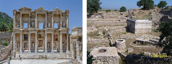 Figure 5. The library of Celsus at Ephesus (left) and the Sanctuary at Troy (right). Although both sites would benefit from the inclusion of identification signage, the scene on the right would benefit the most. Left: Photo by Behn Lieu Song, 2010. bit.ly/39kmQLn. Right: Photo by Jennifer Tanabe, 2006. bit.ly/2vDNm3s.