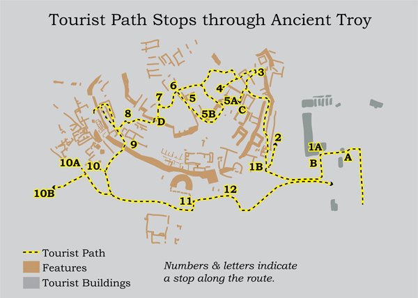 Figure 10. The order of informational signage along the tourist path at Troy. The numbers attempt to provide procedural information; however, this information does not follow a logical linear sequence. In a walk-through of the Troy loop from the visitor center, a visitor would experience the following sequence of procedural directions on informational signage: A, 1a, B, 1b, 2, 1b, 3, C, 3, 4, 5a, 5b, 5, 6, 7, D, 8, 9, 10, 10a, 10B, 11, 12. Map based upon Korfmann & Mannsperger (2013).