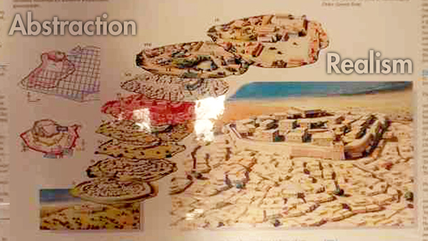 Figure 12. Extremes of abstraction (left) and realism (right) found on an informational sign at Troy. The abstract designs are difficult for a visitor to understand without a background in archaeology, especially given the lack of a legend. The realistic designs are so detailed that visitors may be overwhelmed by excess detail and lose connection between the map and the environment. The mismatched representation would be improved with consistency in iconicity. Note also the reflection on the signage that impedes legibility, which will be discussed later.
