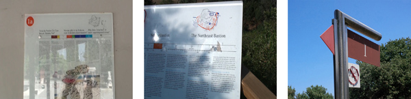 Figure 21. Lighting conditions impede the legibility of glossy signage due to reflections caused by bright sunlight (left) and shadows (middle). Compare with the matte signage in bright sunlight (right). The design of the two signs on the left can be improved with using a matte or semi-matte material.