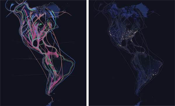 Left: The flyway image used in the digital version differed slightly from the print poster. I reprojected the map because bipolar oblique was incompatible with my automated video creation workflow, which used the GDAL raster processing library. I also recolored the map to work better on the dark background of NASA’s night lights (right).