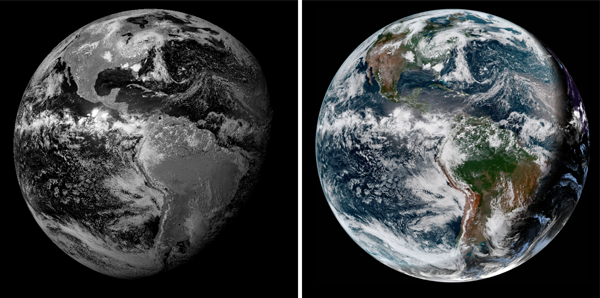 Left: A depiction of a single band of GOES-16 data. Right: Multiple bands of GOES-16 data combined together to represent a more familiar depiction of the Earth. Note that on the right, where the Earth is in nighttime, the clouds are shining bright, as compared to total darkness on the left. This image is using an infrared channel to bring out clouds at night. Source: RAMMB.