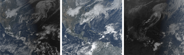 Three frames of processed GOES-16 imagery.