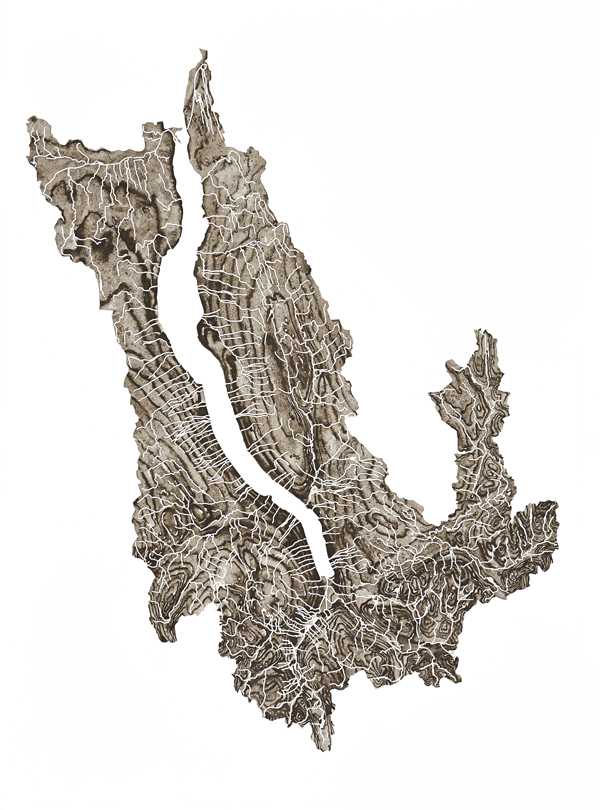 Cayuga Lake, 2017. 29in × 21in, ground rock, water, and gum arabic on paper.