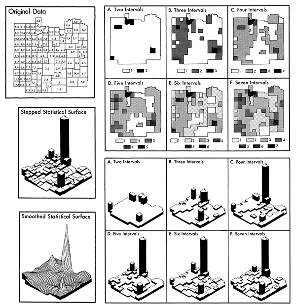 Figure 4. Graphics from “Class Intervals for Statistical Maps” (Jenks and Coulson 1963), illustrating the process of data generalization. Different class intervals affect the appearance of the data on the map. The collection contains the preliminary artwork, photographic negatives and masks, test prints, and finalized prints of each graphic.