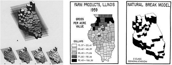 Figure 5. Graphics from “Error on Choroplethic Maps: Definition, Measurement, Reduction” (Jenks and Caspall 1971), which introduced the Natural Breaks method of data classification. The collection contains the preliminary artwork, photographic negatives and masks, photographic positives, test prints, compilation artwork, and finalized prints of each graphic.