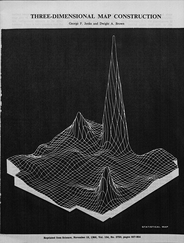 Figure 6. A three-dimensional “smoothed statistical surface” map representing population density in central Kansas. This graphic graced the cover of the November 18, 1966 issue of Science. Jenks originally created this graphic for his class intervals research. The collection contains the preliminary artwork, photographic negatives and masks, photographic positives, test prints, compilation artwork, and finalized prints of each graphic.