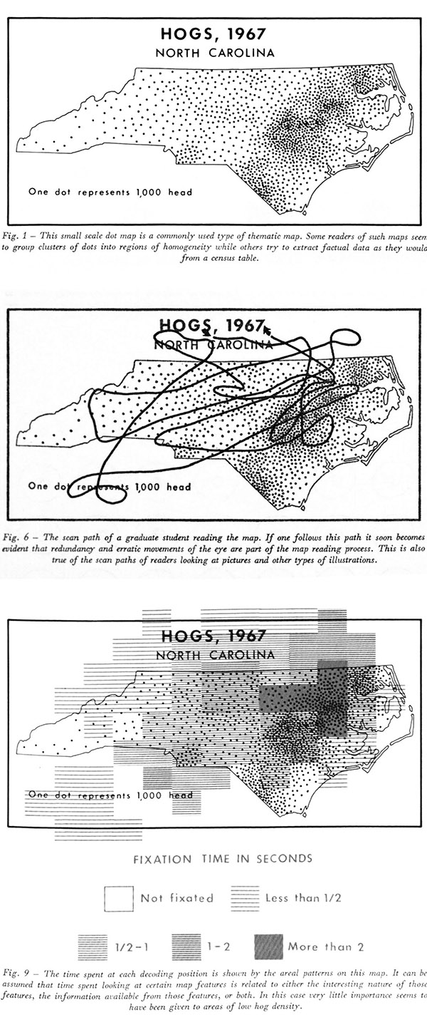 Figure 7. Jenks frequently featured North Carolina hog maps in his cartographic experiments. These graphics appear in his 1973 paper “Visual Integration in Thematic Mapping: Fact or Fiction?” The collection contains literally hundreds of photographic negatives, photographic positives, test prints, finalized prints, and experiment booklets of these and similar dot density hog maps.