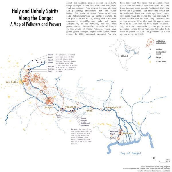Figure 2. Holy and Unholy Spirits Along the Ganga: A Map of Polluters and Prayers by Bidisha Banerjee and Luc Guillemot in Water: An Atlas (2017).