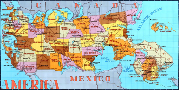 America (Key Map of the States and their Capitals). Ink on paper, 34” × 64”. 2008.