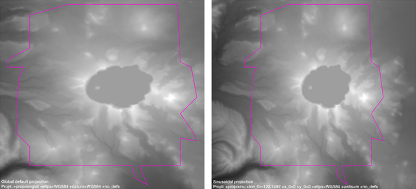 Figure 5. The default equirectangular projection (left) distorts the shape and size of Crater Lake National Park. A cylindrical or pseudocylindrical projection, such as the Sinusoidal (right), will minimize distortion while maintaining straight, equally-spaced parallels.