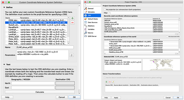 Figure 6. To use a custom projection, enter its proj4 string in the Custom Coordinate Reference System Definition parameters field, then assign the projection in the Project Properties menu. For Crater Lake I assigned a Sinusoidal projection centered on -122.1492º, which passes through Wizard Island (Proj4: +proj=sinu +lon_0=-122.1492 +x_0=0 +y_0=0 +ellps=WGS84 +units=m +no_defs).