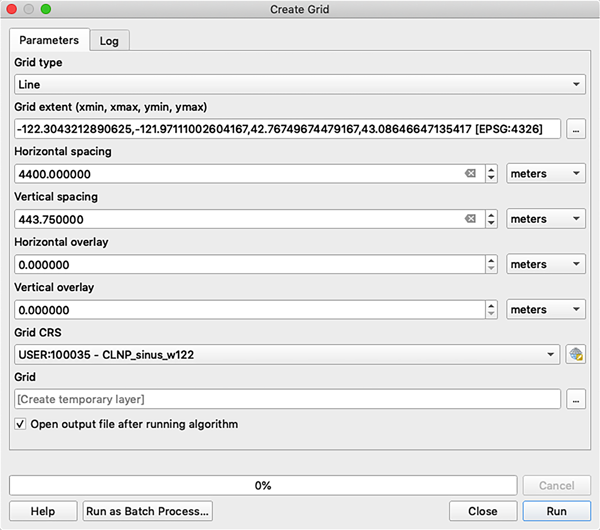 Figure 7. The Create Grid tool. A quirk of the tool is that you cannot enter “0” spacing values, so you must also assign a “Horizontal spacing” value; I typically enter a value one or two orders of magnitude higher than the vertical spacing.