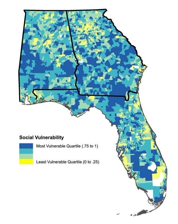 Figure 1. Univariate social vulnerability data, by census tract, for Alabama, Georgia, and Florida.