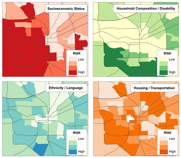 Figure 2. Univariate maps representing the risk quartiles of each of the four themes of social vulnerability (see Table 1) for Tallahassee, Florida.