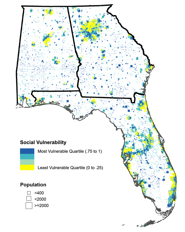 Figure 3. Bivariate map of Alabama, Georgia, and Florida showing the social vulnerability index and population density. Contrast with Figure 1.