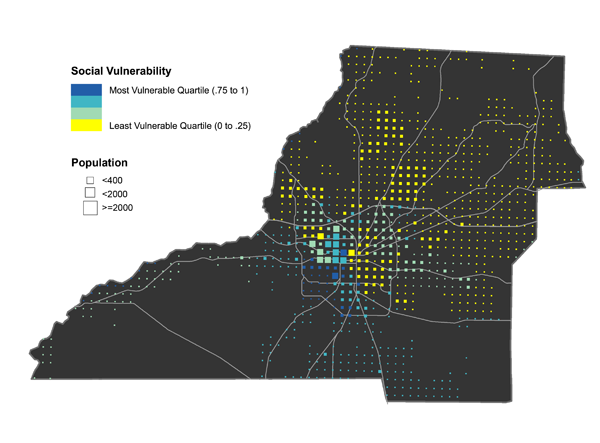 Figure 4. Bivariate map showing the social vulnerability index (represented by symbol color) and population density (represented by symbol size) for Leon County, Florida. The city of Tallahassee is represented by larger cells, while rural areas have smaller cells and unpopulated areas have no cells.