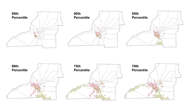 Figure 11. Leon County data filtered by percentile. At least one vulnerability index must be above the threshold indicated next to the map. Figures 13, 14, and 15 show larger images.