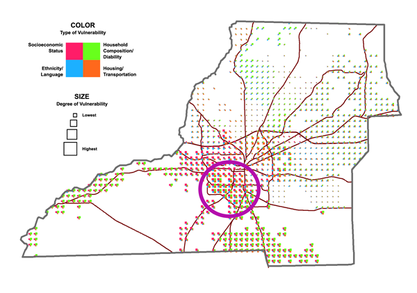 Figure 16. Vulnerability data for Leon County, Florida. The purple circle identifies the most vulnerable areas.