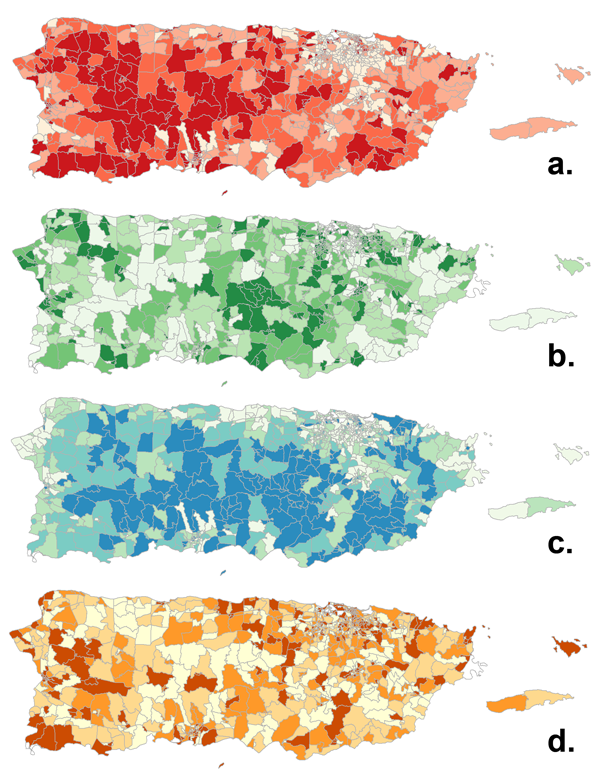 Figure 17. Univariate maps showing the four themes of 2016 social vulnerability for Puerto Rico. Darker colors represent higher vulnerability. a. Socioeconomic Status; b. Household Composition & Disability; c. Ethnicity & Language; d. Housing & Transportation.