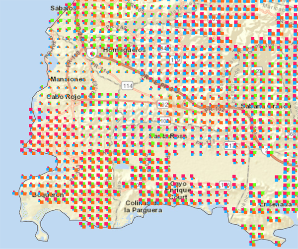 Figure 19. Multivariate map of 2016 Puerto Rico, southwest corner, at close zoom.