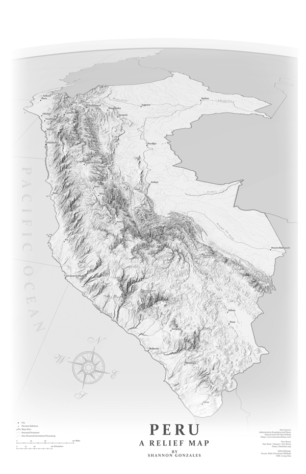 “This map pleased me because of its perspective projection. This view brings realism, makes the exaggerated relief appear more 3D, and offers a horizon that gives the impression that we are looking at Peru from space. The use of this map projection reminds me of Richard Edes Harrison’s impressive orthographic maps” —Xemartin Laborde
