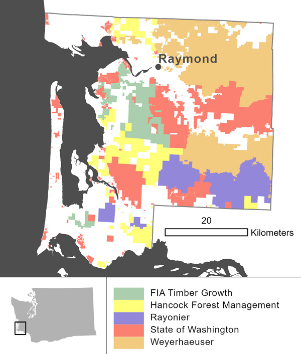 Figure 9. Land owners with the largest holdings in Pacific County, as determined from GIS tax parcels data obtained from the county in 2019.