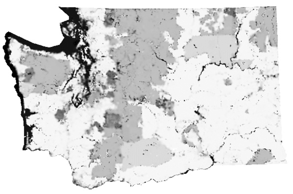 Figure 3. Interpolated surface for OpenStreetMap, showing generally light and dark areas.