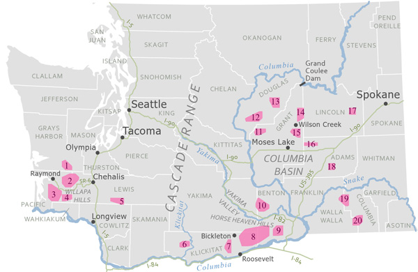 Figure 6. The most empty areas on the Washington State maps as identified by the methods in this study. Numbers are for referencing the areas, and do not indicate a quantitative metric.