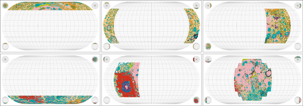 Figure 2. Each of the six geologic datasets making up the final map. In the design phase of the project I created each of these maps separately in Python, then combined them together in Photoshop. This allowed me to experiment with the order of each layer to see which combinations would show the fewest discrepancies across data borders.