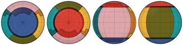 Figure 6. The extent of each dataset mapped on the southern (far left), northern (left), near (right), and far (far right) hemispheres. Each color visualizes one dataset included in the set of six.