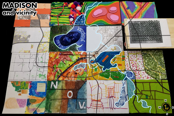 Figure 1. Madison and Vicinity, a tangible map quilt created collectively by an advanced cartography class at the University of Wisconsin–Madison. Shot at an angle of approximately 60° to capture the verticality of the design, with some roads and water features superimposed for context. Data source: OpenStreetMap; Photo: Robert Roth.