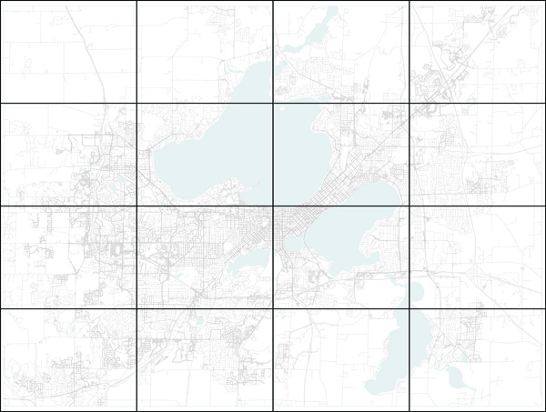 Figure 2. The initial tangible map quilt basemap of Madison with an overlay showing the location of slices for the individual tiles. Data source: OpenStreetMap.