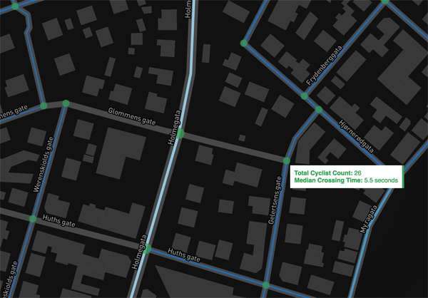 Figure 2. Intersection points representing the aggregate number of bicyclists crossing an interchange; count and median crossing time statistics shown on hover.