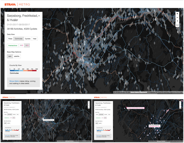 Figure 3. Overall patterns in commute-designated bike trip destinations across Fredrikstad, Norway (top); hover on a destination polygon to obtain a count of commute trips ending in the area (bottom left); click on a destination polygon to reveal all associated origin polygons (bottom right).