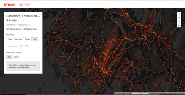 Figure 4. Rasterized heatmap view of GPS bicycling traces across Fredrikstad, Norway.