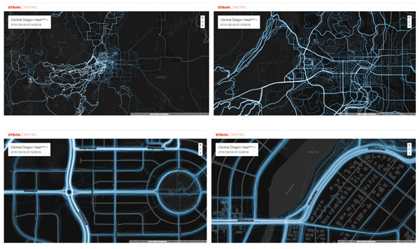 Figure 5. Small to large (left to right) map scale depictions of raster to vector representations of bicycling traces.