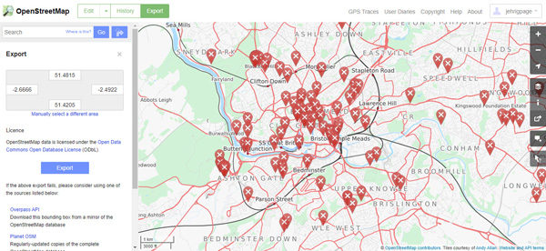 Figure 1. OpenStreetMap web portal. Red X markers represent unresolved notes and errors, demonstrating the potential issues with OSM data.