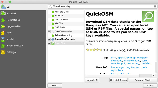 Figure 3. QGIS Plugin Manager showing OSM plugins.