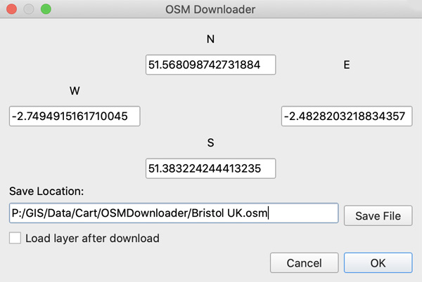 Figure 4. OSMDownloader user interface, showing the extent of the selected area.
