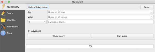 Figure 6. QuickOSM Quick query user interface, showing options to filter data.